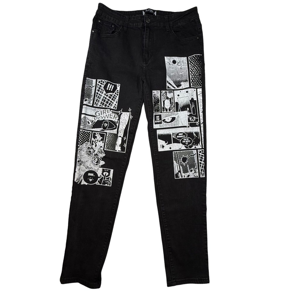 Blue Topic Black Denim Jeans Comic Book white Print Girl Power Love Size 15‎ 16